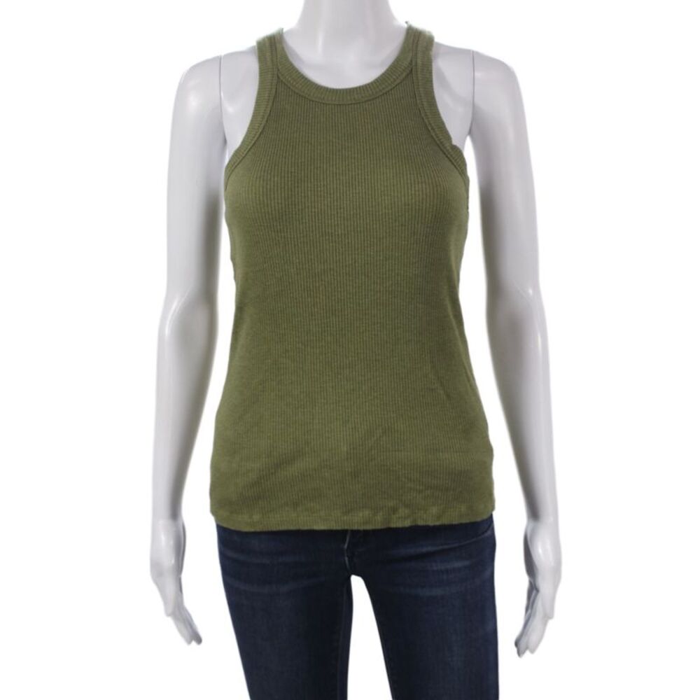 WSLY Women Basic Tank Green Tencel Round Neck Sleeveless Summer Size L